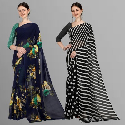 kashvi sarees Striped, Floral Print Daily Wear Georgette Saree(Pack of 2, Dark Blue, Black)