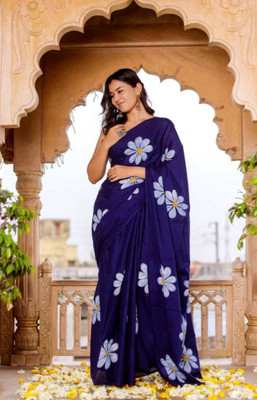 valida Floral Print Handloom Pure Cotton Saree(Dark Blue)