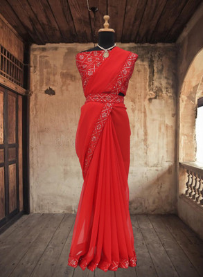 Kalavrit Creation Embroidered, Solid/Plain Bollywood Georgette Saree(Red)