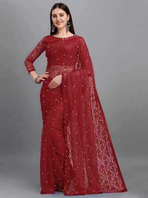 LOROFY Self Design Bollywood Net Saree(Maroon)