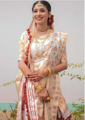 rosecloud Woven Mekhela Chador Silk Blend Saree(White)