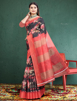 VISHNU Printed Kanjivaram Pure Cotton, Chanderi Saree(Black, Red)