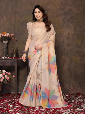 VCREATION Digital Print Bollywood Chanderi Saree(Brown)