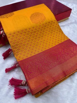 DRAVYA WOMEN Printed Banarasi Jacquard, Pure Silk Saree(Yellow, Gold)