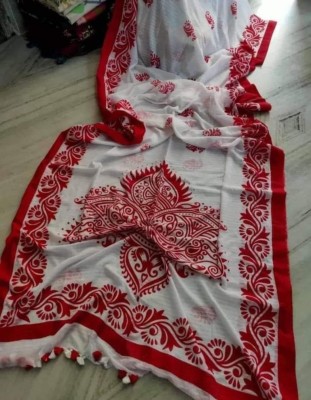 RJT Printed Handloom Cotton Blend Saree(White)