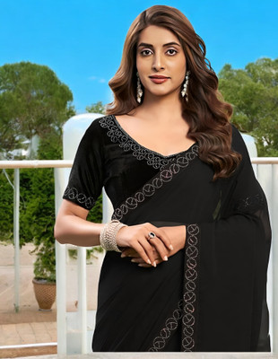 HIJA TRENDZ Solid/Plain Bollywood Georgette Saree(Black)