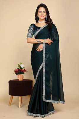 SAADHYA CREATION Embroidered, Solid/Plain Bollywood Chiffon Saree(Dark Blue)