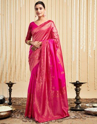 Samah Self Design Kanjivaram Silk Blend Saree(Pink, Gold)