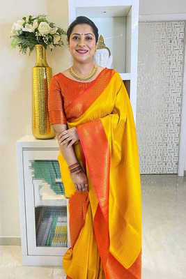Anjaneya Sarees Woven Banarasi Silk Blend Saree(Yellow)