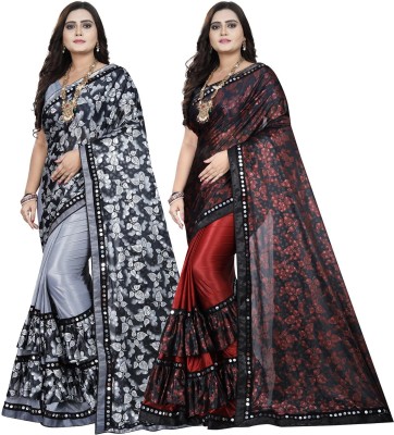 DECOFIN Embellished, Floral Print Bollywood Lycra Blend Saree(Pack of 2, Grey, Red)