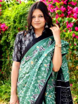 Sareemall Printed Ikkat Cotton Blend Saree(Light Green)