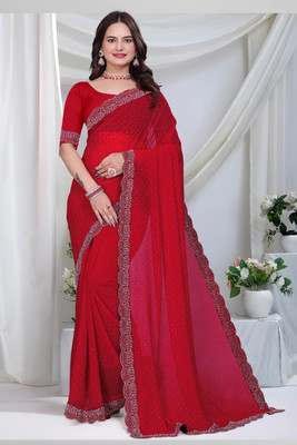 KivaWear Embellished Bollywood Georgette Saree(Red)