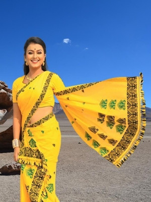 Asho Industries Self Design Mekhela Chador Cotton Blend Saree(Yellow)
