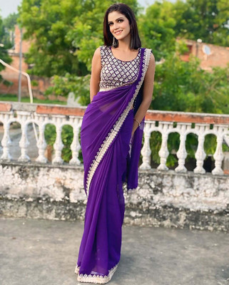stylescope Solid/Plain Maheshwari Georgette Saree(Purple)