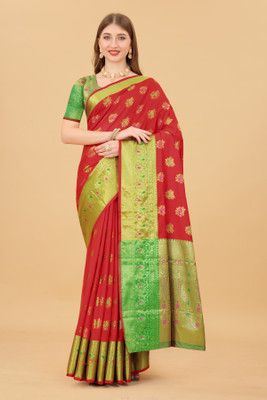 DRAVYA WOMEN Woven, Self Design Banarasi Silk Blend, Pure Silk Saree(Red)