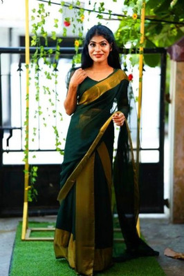 HINDVA FASHION HUB Solid/Plain Kanjivaram Chiffon Saree(Green)