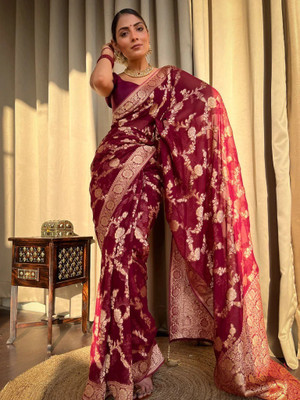 VERAFASHION Printed Handloom Cotton Silk Saree(Maroon)