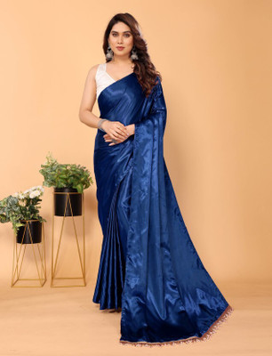 Julee Solid/Plain Bollywood Satin Saree(Dark Blue)