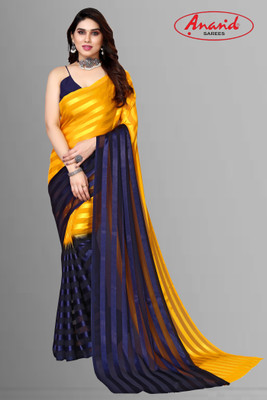 Anand Sarees Striped Bollywood Satin Saree(Yellow, Blue)