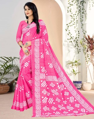 Samah Geometric Print, Printed Ikkat Pure Cotton Saree(Pink, White)