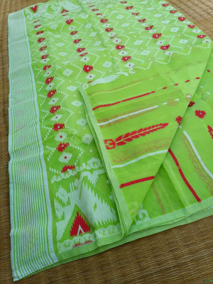 Dristikone Woven Jamdani Pure Cotton Saree(Green)