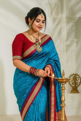 Tilfelle Temple Border, Woven Sambalpuri Silk Blend Saree(Blue, Red)
