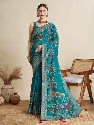 Yogik Creation Floral Print Banarasi Cotton Blend Saree(Blue)