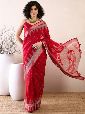 Divastri Printed Daily Wear Cotton Linen Saree(Red)