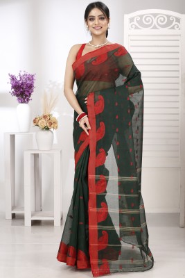 DipDiya Embellished, Woven Tant Pure Cotton Saree(Dark Green)