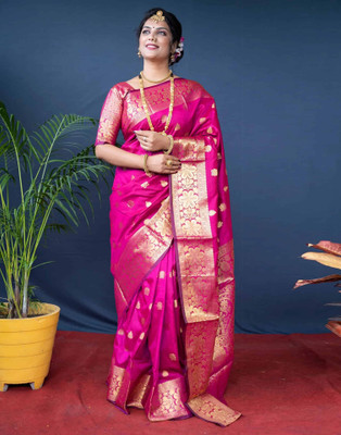 PICKWELL Woven Banarasi Cotton Silk, Jacquard Saree(Multicolor)