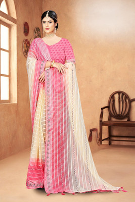 Radharani fusion Striped, Ombre, Embroidered Bollywood Georgette Saree(Pink, Cream)
