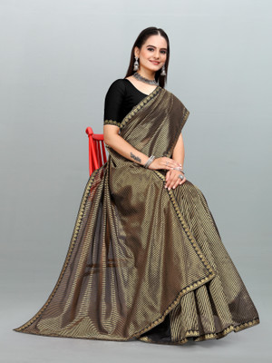 Om Shantam sarees Striped, Self Design Kanjivaram Organza, Pure Silk Saree(Black)