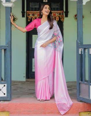 Satrani Printed Bollywood Satin Saree(Pink, White)