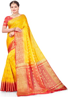 Manokamna Self Design Kanjivaram Art Silk Saree(Yellow)