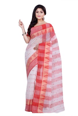 DipDiya Printed Tant Pure Cotton Saree(Red, White)