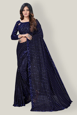 Shrithi Fashion Fab Self Design Bollywood Supernet Saree(Dark Blue)