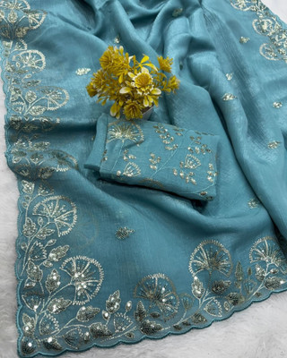 Moon Queen Embroidered Bollywood Jimmy choo Saree(Light Blue)
