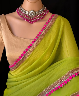 Aquiliq Floral Print Lucknow Chikankari Georgette Saree(Light Green)