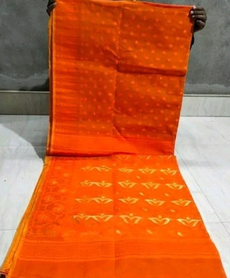 SMRITI HANDLOOM Printed Jamdani Handloom Cotton Blend Saree(Orange)