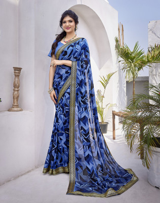 YASHIKA Printed Bollywood Georgette, Lace Saree(Blue)