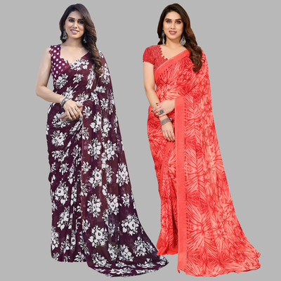 Anand Sarees Printed Daily Wear Georgette Saree(Pack of 2, Maroon, Red)