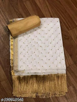 V And V Shop Polka Print Banarasi Chiffon Saree(White)