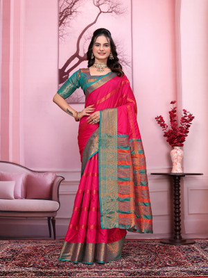 BHULAX Woven Banarasi Jacquard, Pure Silk Saree(Pink)