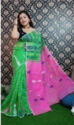 TRANDE Printed Jamdani Cotton Silk Saree(Green)