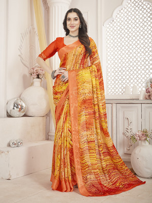 Vichitra Printed Bollywood Chiffon Saree(Orange)