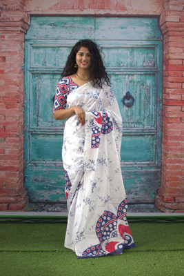 JAI HANUMAN HAND PRINTING Printed Daily Wear Pure Cotton Saree(White)
