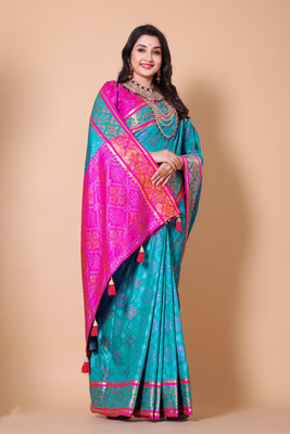 RIVETSTYLE Embroidered Patola Silk Blend Saree(Light Blue)