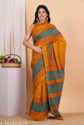 JAIPURI BLOCK PRINT Printed Daily Wear Pure Cotton Saree(Mustard)