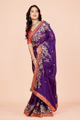 Aksh Fashion Embroidered Bollywood Georgette Saree(Purple)