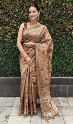 VASTRA VILLA Geometric Print Bollywood Silk Blend Saree(Brown)
